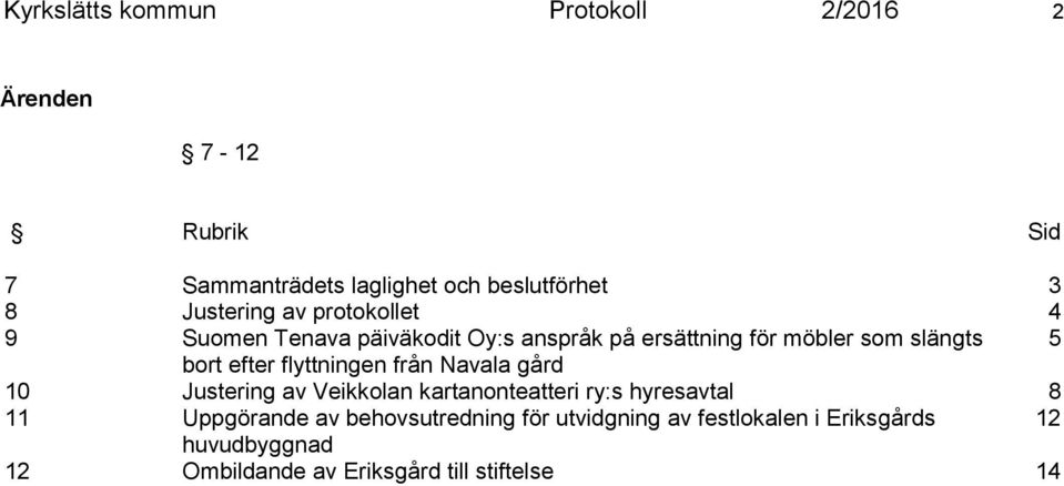 efter flyttningen från Navala gård 10 Justering av Veikkolan kartanonteatteri ry:s hyresavtal 8 11 Uppgörande av