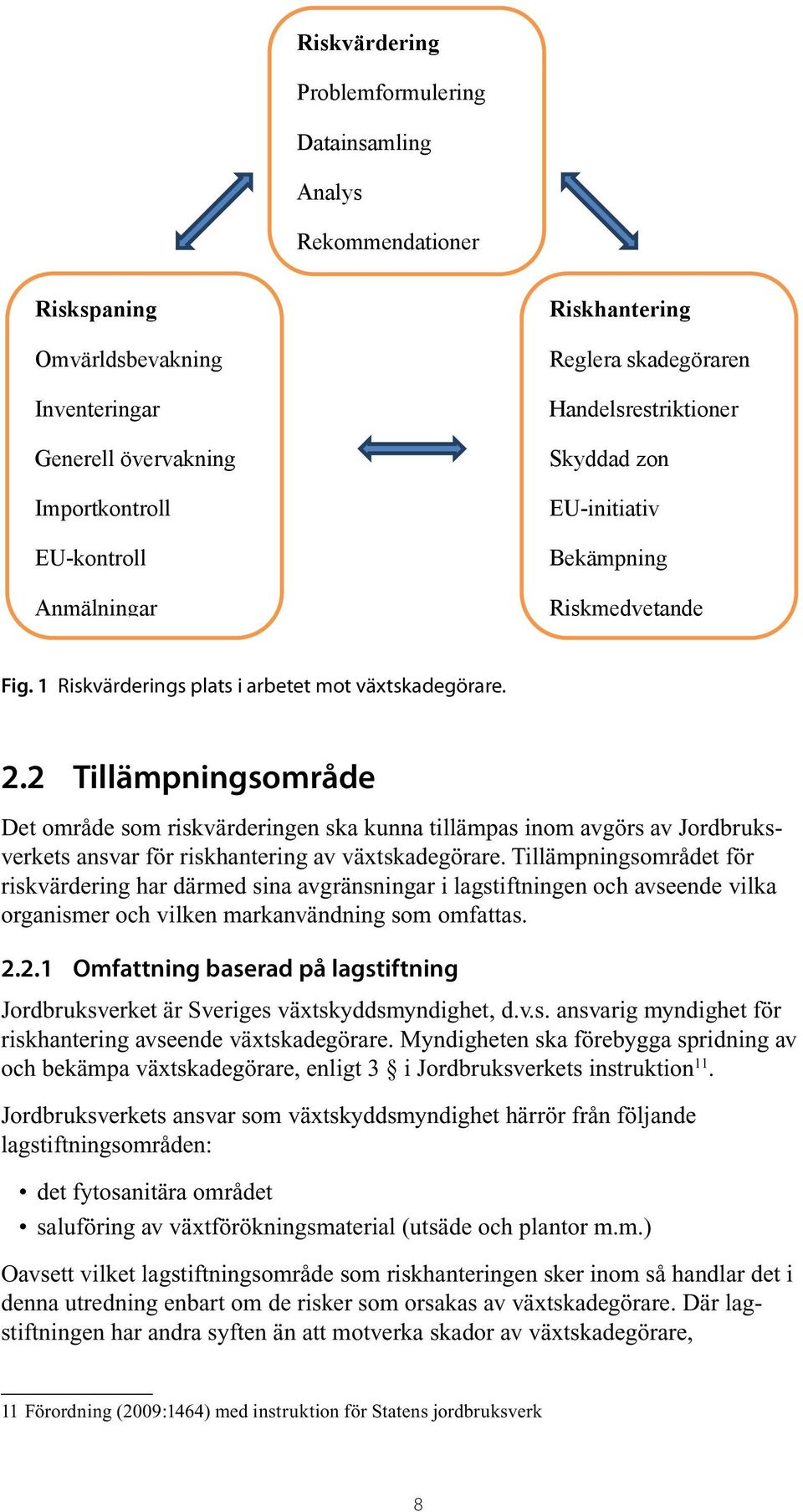 skadegöraren Handelsrestriktioner Skyddad zon EU-initiativ Bekämpning Riskmedvetande Fig. 1 Riskvärderings plats i arbetet mot växtskadegörare. Fig. 1 Riskvärderings plats i arbetet mot växtskadegörare. 2.