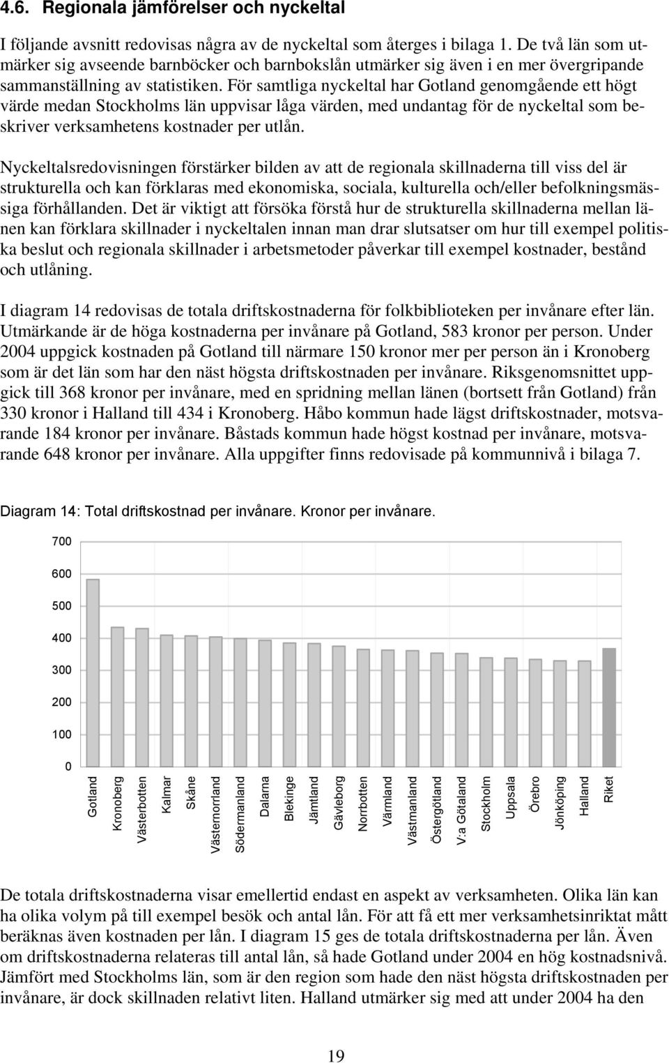 För samtliga nyckeltal har Gotland genomgående ett högt värde medan Stockholms län uppvisar låga värden, med undantag för de nyckeltal som beskriver verksamhetens kostnader per utlån.