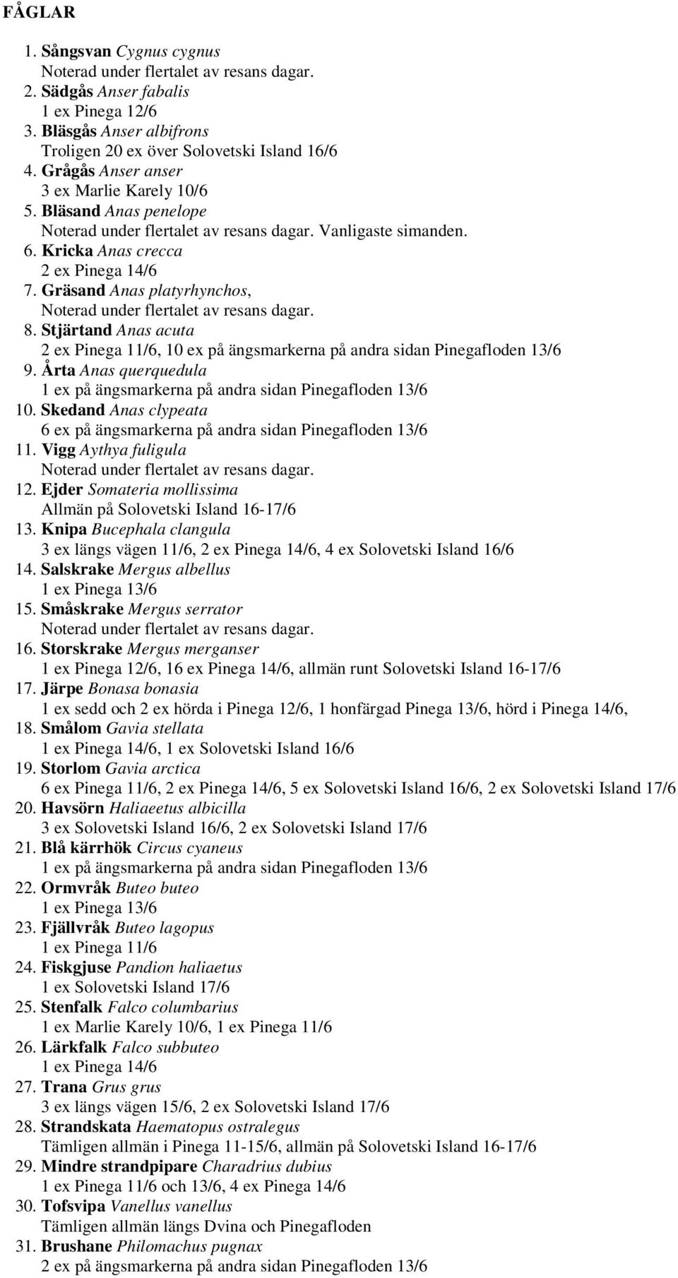 Stjärtand Anas acuta 2 ex Pinega 11/6, 10 ex på ängsmarkerna på andra sidan Pinegafloden 13/6 9. Årta Anas querquedula 1 ex på ängsmarkerna på andra sidan Pinegafloden 13/6 10.