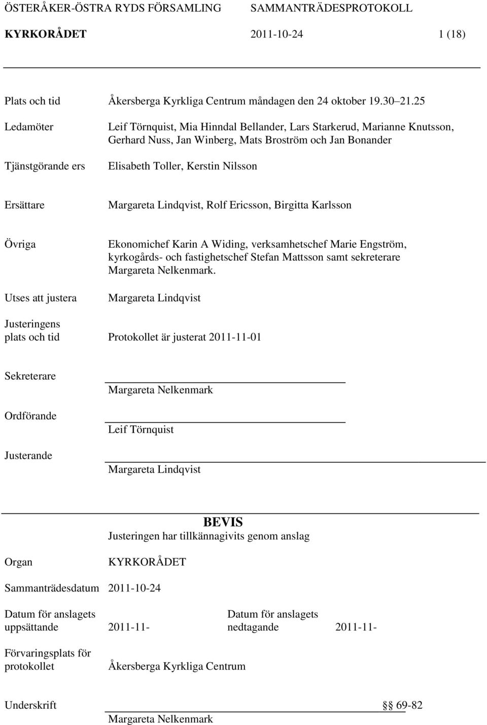 Ersättare Margareta Lindqvist, Rolf Ericsson, Birgitta Karlsson Övriga Utses justera Ekonomichef Karin A Widing, verksamhetschef Marie Engström, kyrkogårds- och fastighetschef Stefan Msson samt