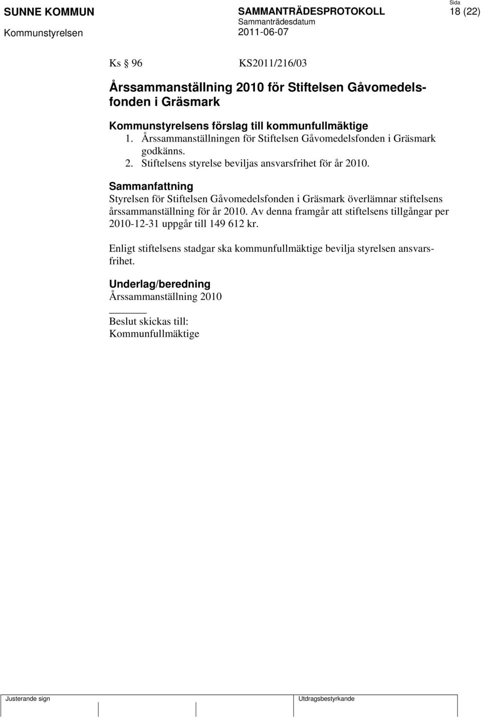Styrelsen för Stiftelsen Gåvomedelsfonden i Gräsmark överlämnar stiftelsens årssammanställning för år 2010.