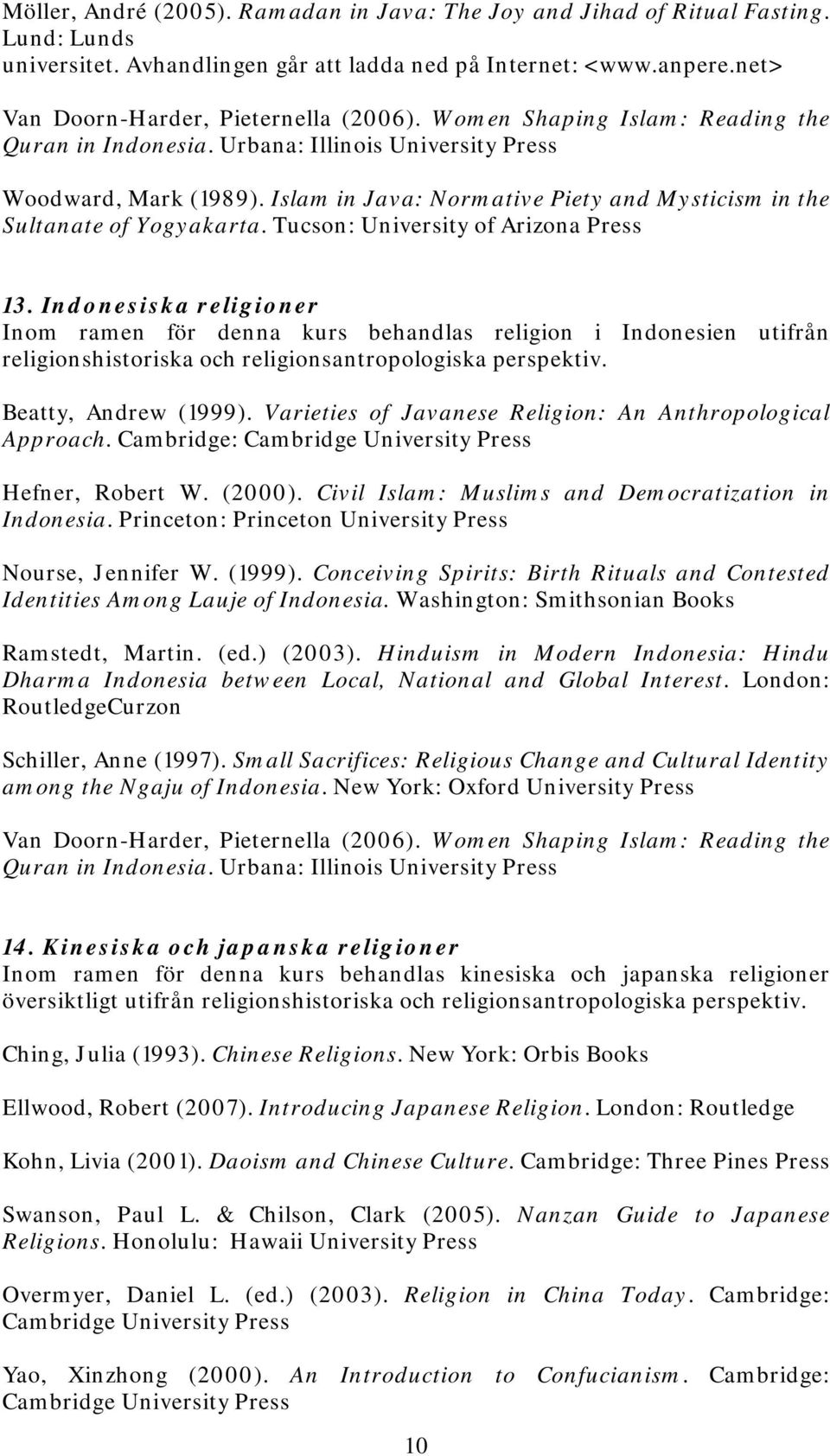 Tucson: University of Arizona Press 13. Indonesiska religioner Inom ramen för denna kurs behandlas religion i Indonesien utifrån religionshistoriska och religionsantropologiska perspektiv.