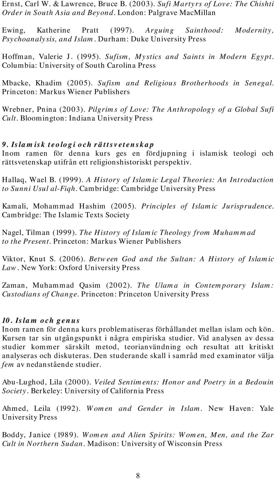 Columbia: University of South Carolina Press Mbacke, Khadim (2005). Sufism and Religious Brotherhoods in Senegal. Princeton: Markus Wiener Publishers Wrebner, Pnina (2003).