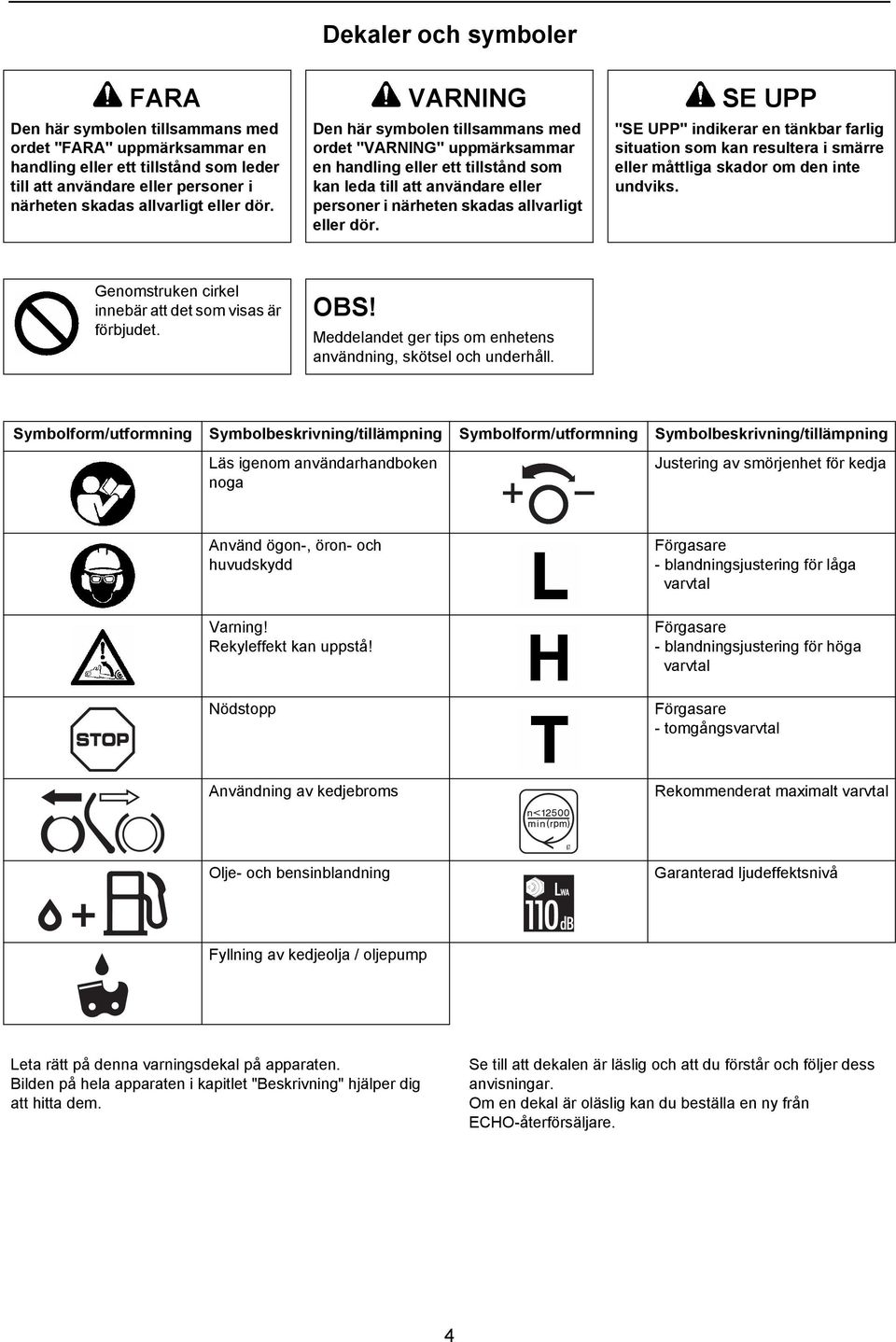 Den här symbolen tillsammans med ordet "VARNING" uppmärksammar en handling eller ett tillstånd som kan leda till att användare eller personer i närheten skadas  "SE UPP" indikerar en tänkbar farlig