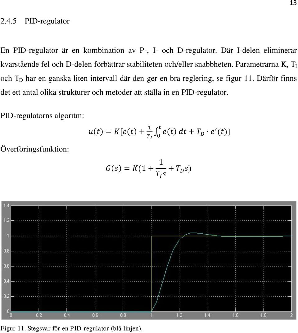 Parametrarna K, T I och T D har en ganska liten intervall där den ger en bra reglering, se figur 11.