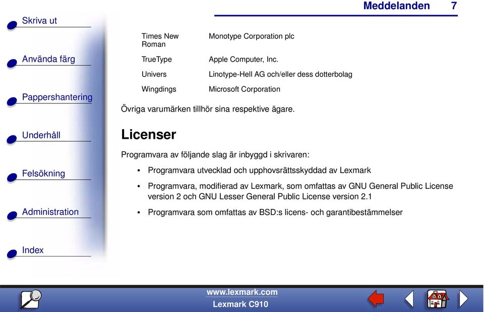 Licenser Programvara av följande slag är inbyggd i skrivaren: Programvara utvecklad och upphovsrättsskyddad av Lexmark Programvara,