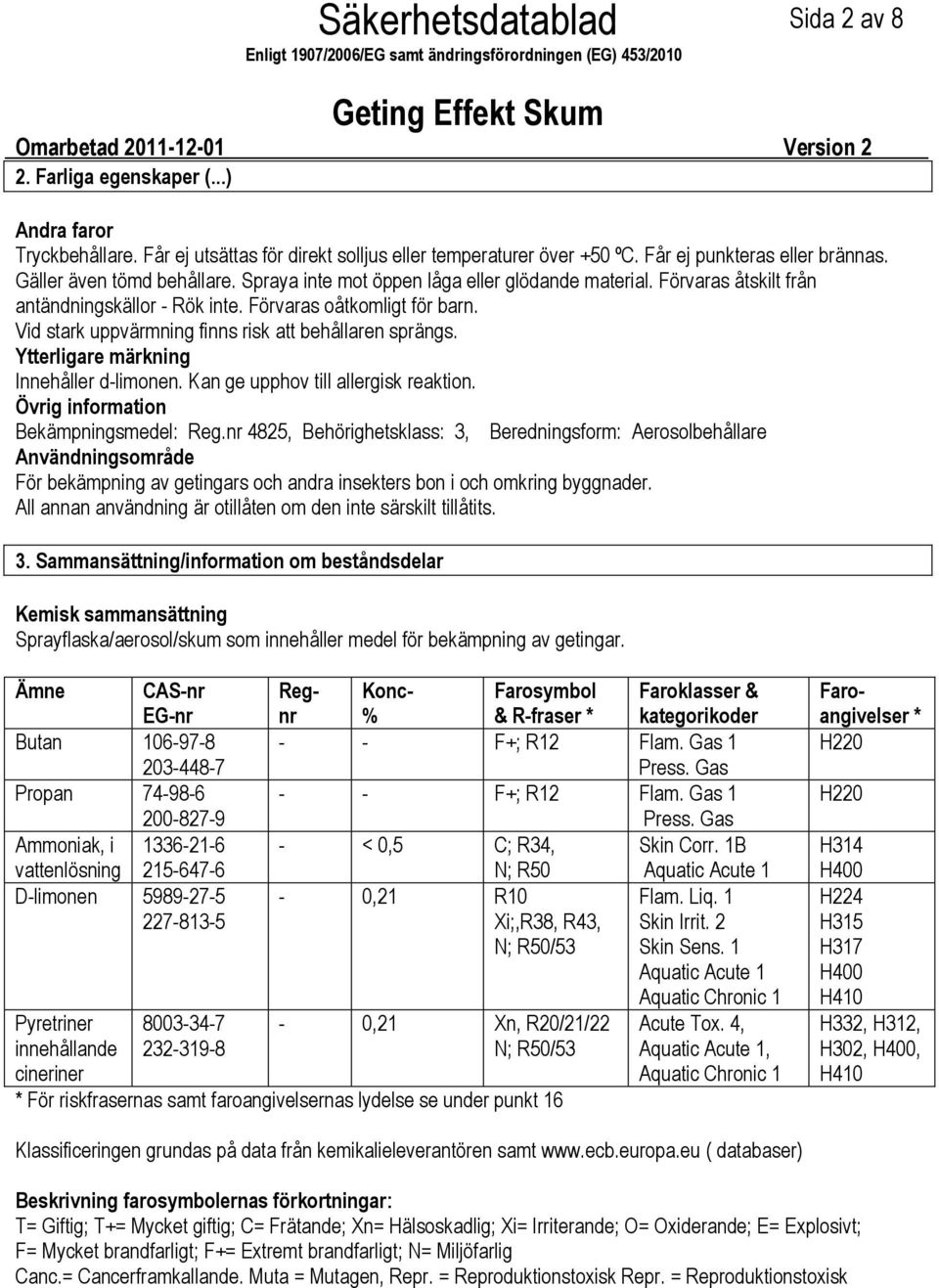 Vid stark uppvärmning finns risk att behållaren sprängs. Ytterligare märkning Innehåller dlimonen. Kan ge upphov till allergisk reaktion. Övrig information Bekämpningsmedel: Reg.
