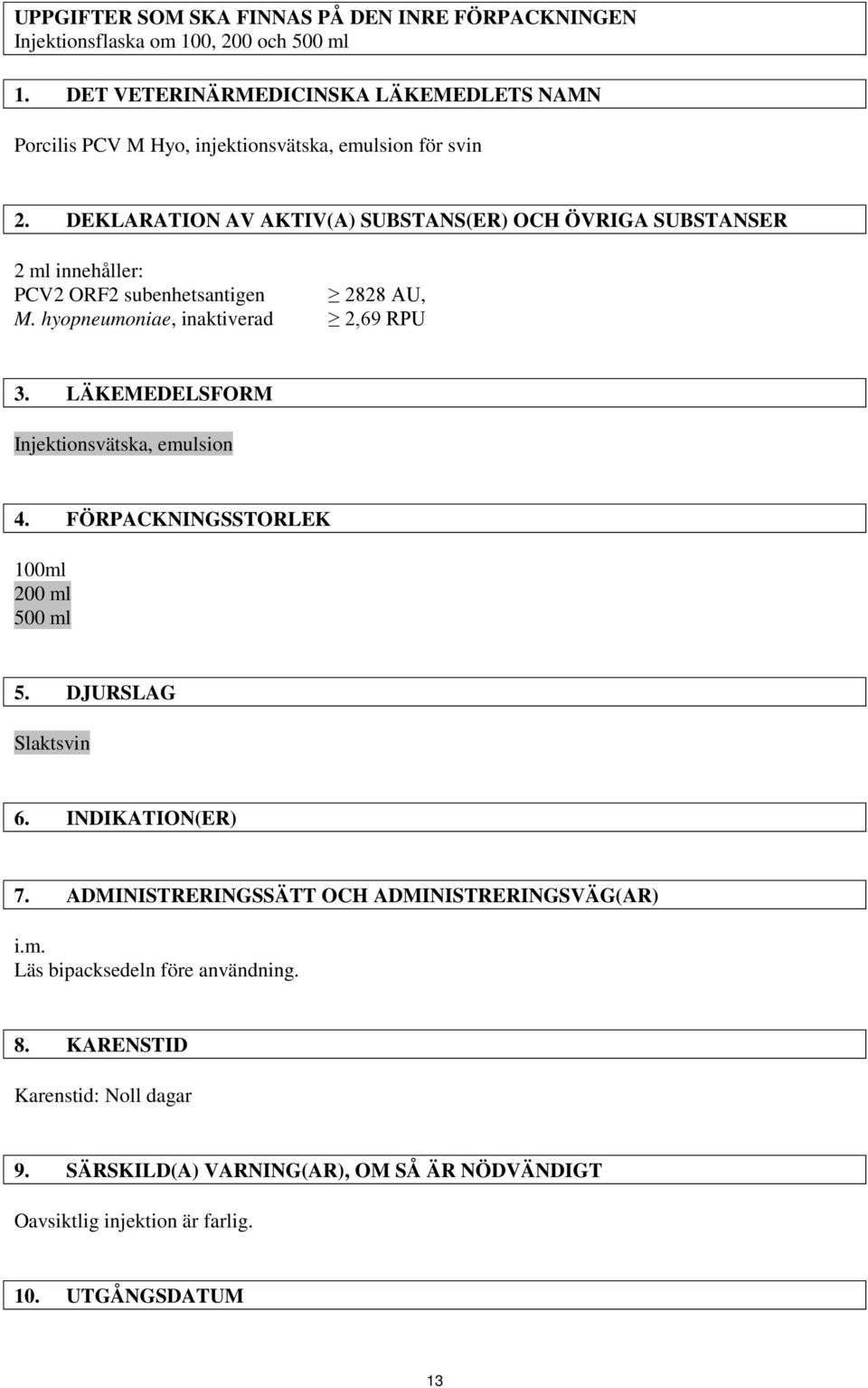 DEKLARATION AV AKTIV(A) SUBSTANS(ER) OCH ÖVRIGA SUBSTANSER 2 ml innehåller: PCV2 ORF2 subenhetsantigen 2828 AU, M. hyopneumoniae, inaktiverad 2,69 RPU 3.