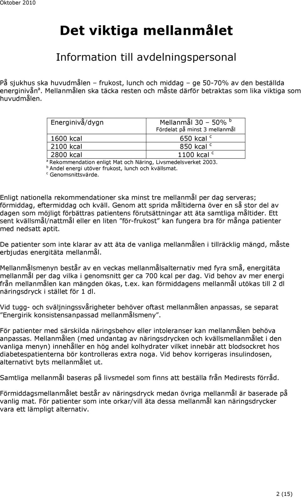 Energinivå/dygn Mellanmål 30 50% b Fördelat på minst 3 mellanmål 1600 kcal 650 kcal c 2100 kcal 850 kcal c 2800 kcal 1100 kcal c a Rekommendation enligt Mat och Näring, Livsmedelsverket 2003.