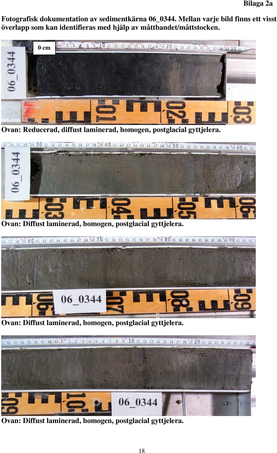 0 cm Ovan: Reducerad, diffust laminerad, homogen, postglacial gyttjelera.