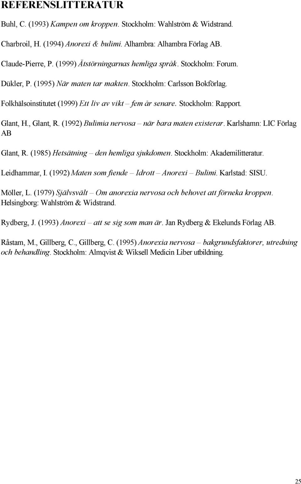 Stockholm: Rapport. Glant, H., Glant, R. (1992) Bulimia nervosa när bara maten existerar. Karlshamn: LIC Förlag AB Glant, R. (1985) Hetsätning den hemliga sjukdomen. Stockholm: Akademilitteratur.