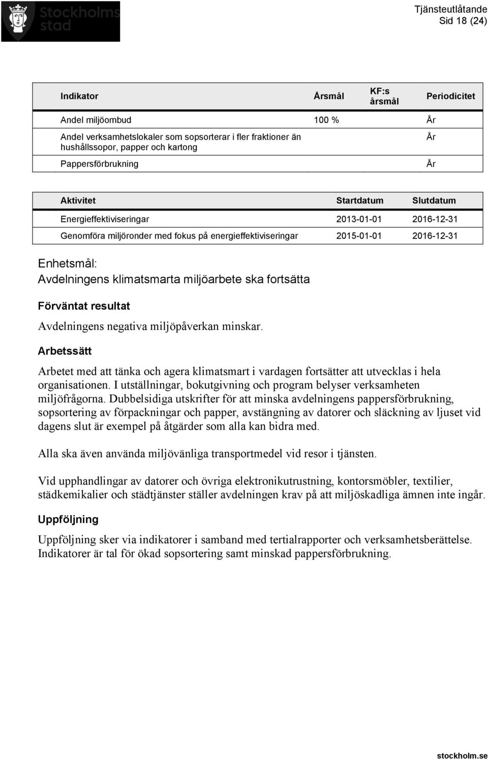 miljöarbete ska fortsätta Avdelningens negativa miljöpåverkan minskar. Arbetssätt Arbetet med att tänka och agera klimatsmart i vardagen fortsätter att utvecklas i hela organisationen.