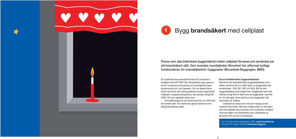 En husfasad ska exempelvis klara ett brandtest i enlighet med SP FIRE 105. Brandtestet görs genom att en rumsbrand simuleras och brandspridningen studeras på och inuti fasaden.