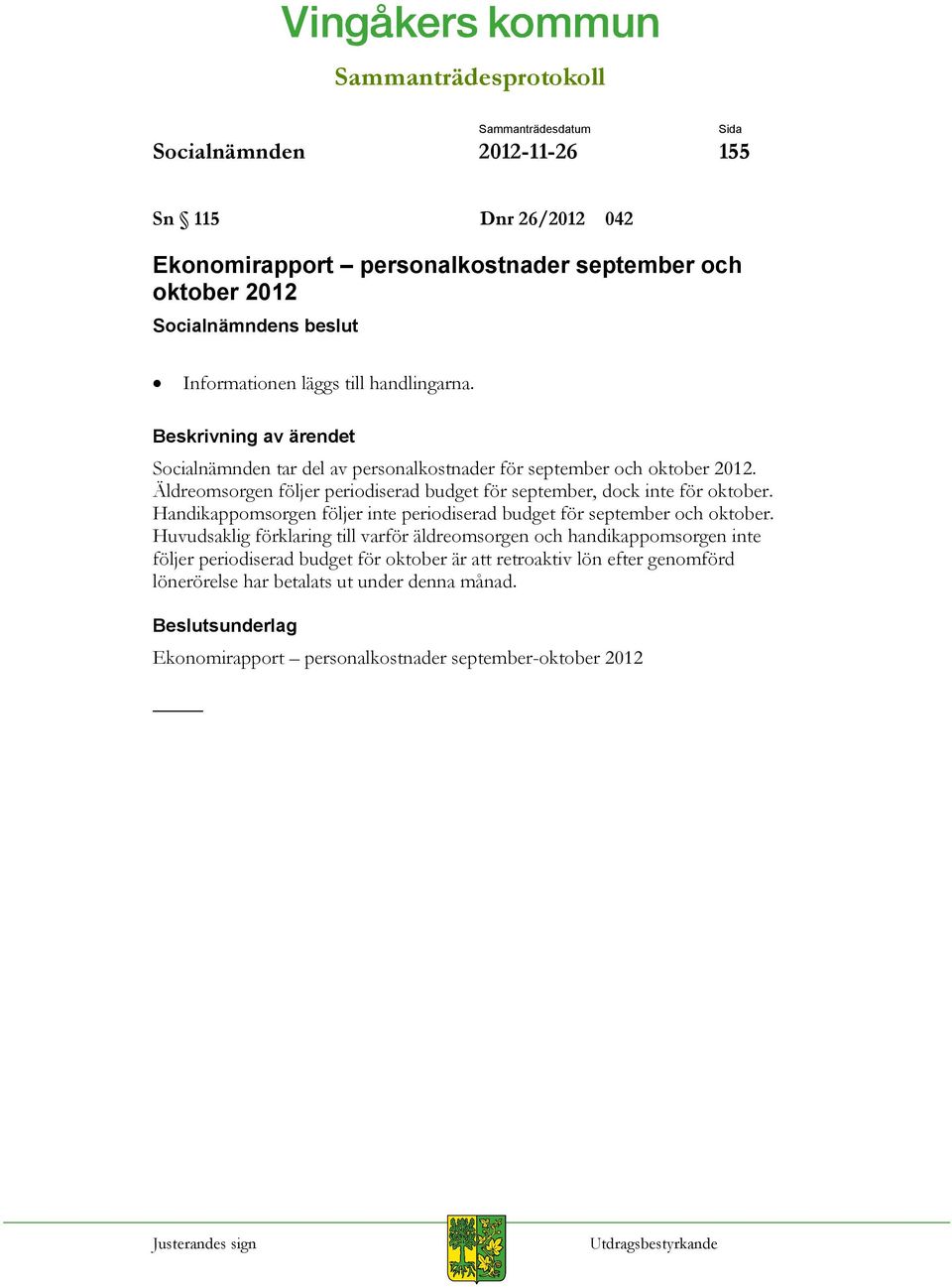 Handikappomsorgen följer inte periodiserad budget för september och oktober.