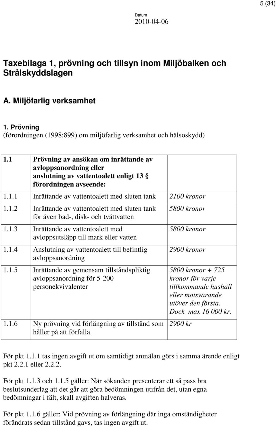 1.3 Inrättande av vattentoalett med avloppsutsläpp till mark eller vatten 1.1.4 Anslutning av vattentoalett till befintlig avloppsanordning 1.1.5 Inrättande av gemensam tillståndspliktig avloppsanordning för 5-200 personekvivalenter 1.