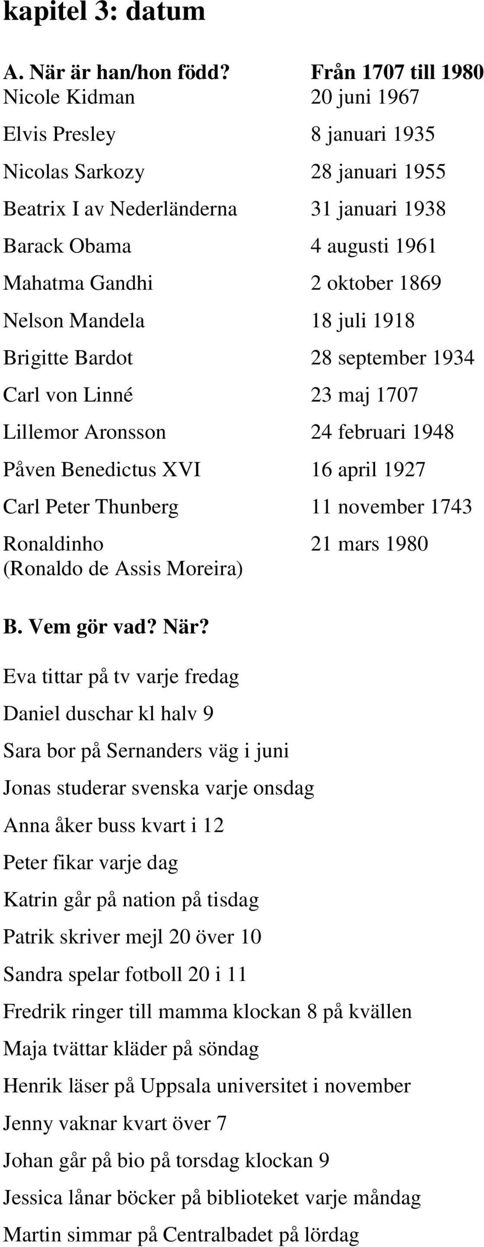 oktober 1869 Nelson Mandela 18 juli 1918 Brigitte Bardot 28 september 1934 Carl von Linné 23 maj 1707 Lillemor Aronsson 24 februari 1948 Påven Benedictus XVI 16 april 1927 Carl Peter Thunberg 11