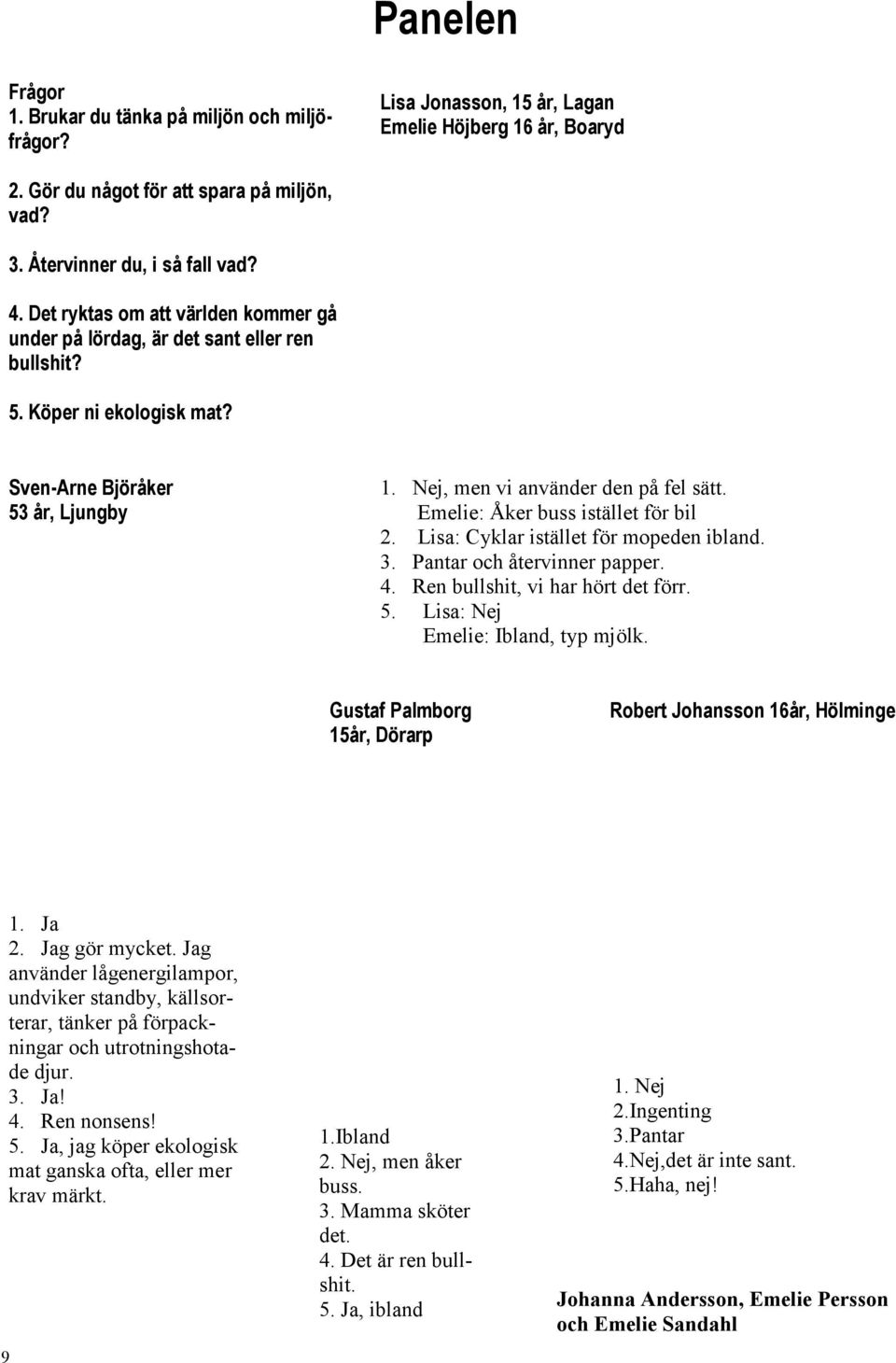 Emelie: Åker buss istället för bil 2. Lisa: Cyklar istället för mopeden ibland. 3. Pantar och återvinner papper. 4. Ren bullshit, vi har hört det förr. 5. Lisa: Nej Emelie: Ibland, typ mjölk.