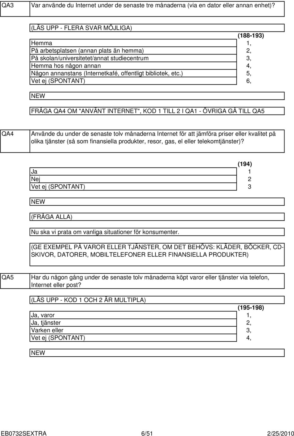 etc.) (88-9),,,,, 6, FRÅGA QA OM "ANVÄNT INTERNET", KOD TILL I QA - ÖVRIGA GÅ TILL QA QA Använde du under de senaste tolv månaderna Internet för att jämföra priser eller kvalitet på olika tjänster