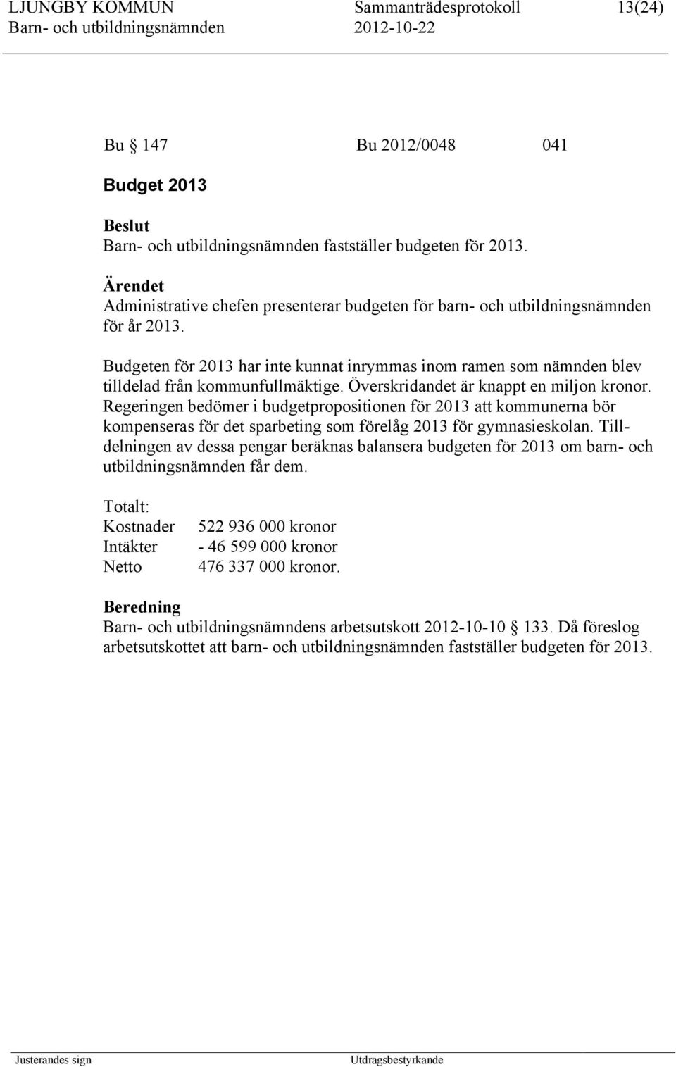 Överskridandet är knappt en miljon kronor. Regeringen bedömer i budgetpropositionen för 2013 att kommunerna bör kompenseras för det sparbeting som förelåg 2013 för gymnasieskolan.