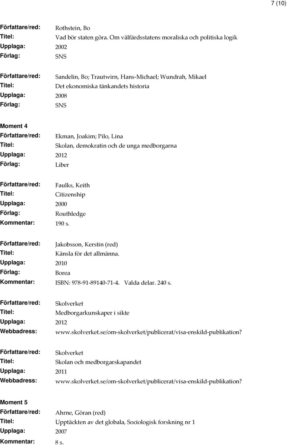 Författare/red: Ekman, Joakim; Pilo, Lina Skolan, demokratin och de unga medborgarna Upplaga: 2012 Liber Författare/red: Faulks, Keith Citizenship Upplaga: 2000 Routhledge Kommentar: 190 s.