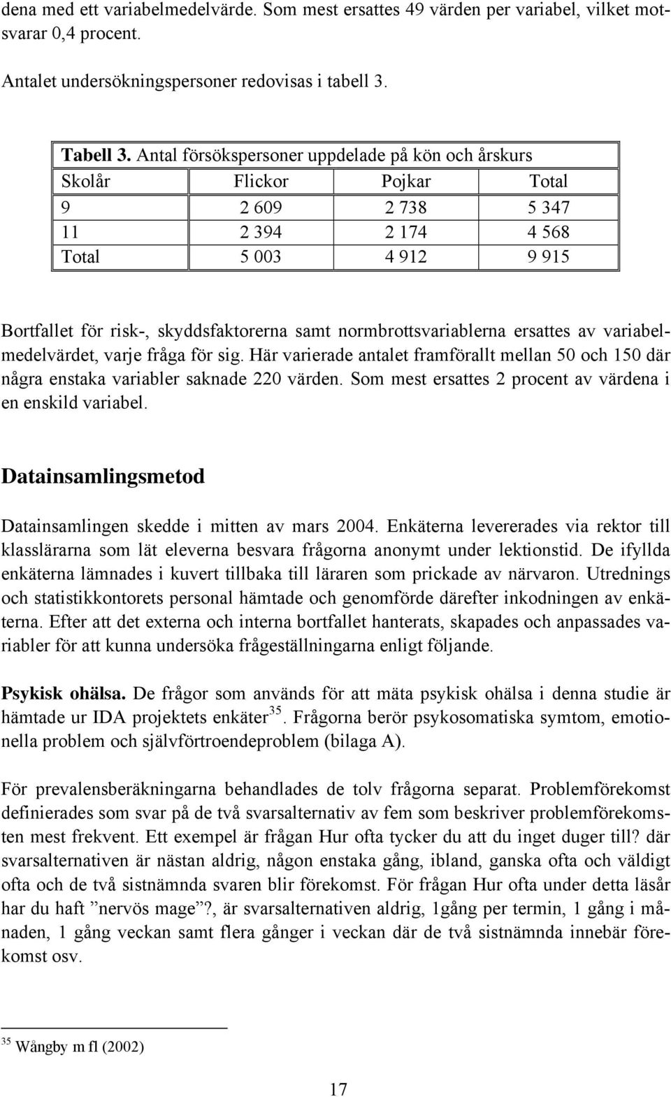 normbrottsvariablerna ersattes av variabelmedelvärdet, varje fråga för sig. Här varierade antalet framförallt mellan 50 och 150 där några enstaka variabler saknade 220 värden.