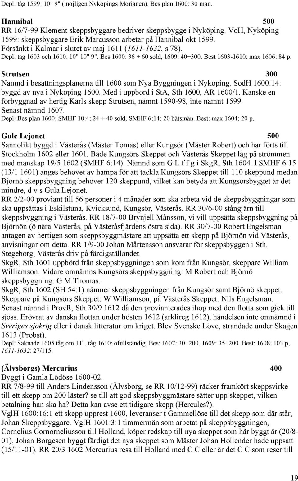 Bes 1600: 36 + 60 sold, 1609: 40+300. Best 1603-1610: max 1606: 84 p. Strutsen 300 Nämnd i besättningsplanerna till 1600 som Nya Byggningen i Nyköping. SödH 1600:14: byggd av nya i Nyköping 1600.