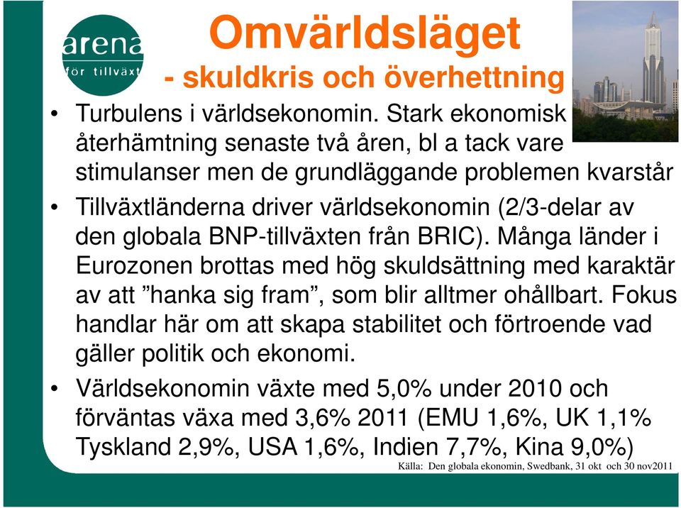 globala BNP-tillväxten från BRIC). Många länder i Eurozonen brottas med hög skuldsättning med karaktär av att hanka sig fram, som blir alltmer ohållbart.