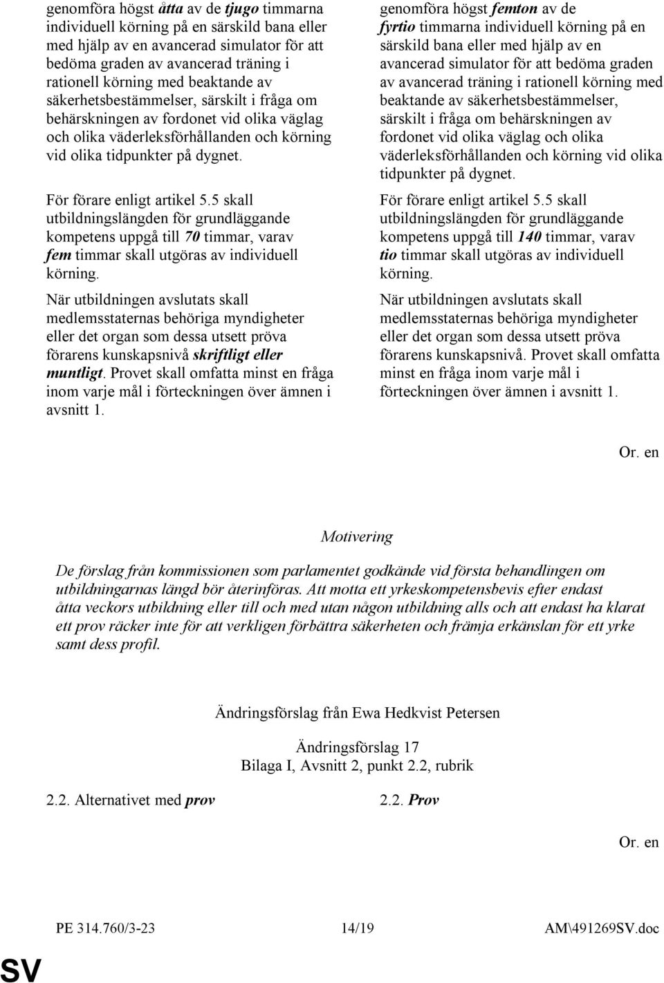 För förare enligt artikel 5.5 skall utbildningslängden för grundläggande kompetens uppgå till 70 timmar, varav fem timmar skall utgöras av individuell körning.