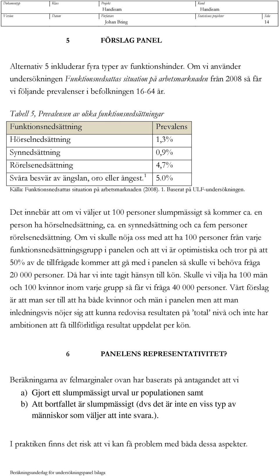 Tabell 5, Prevalensen av olika funktionsnedsättningar Funktionsnedsättning Prevalens Hörselnedsättning 1,3% Synnedsättning 0,9% Rörelsenedsättning 4,7% Svåra besvär av ängslan, oro eller ångest. 1 5.