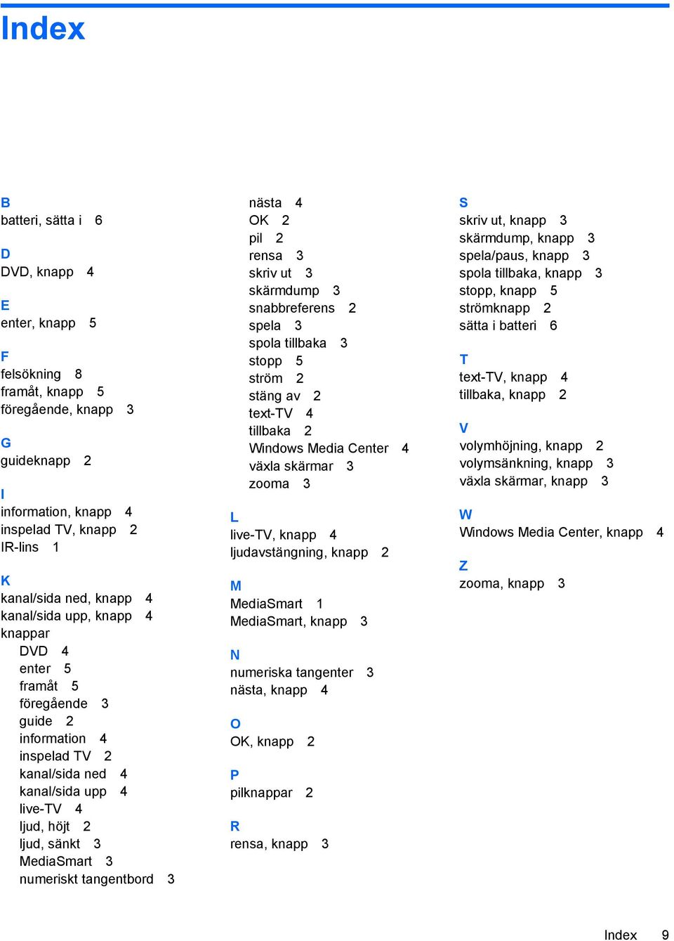 numeriskt tangentbord 3 nästa 4 OK 2 pil 2 rensa 3 skriv ut 3 skärmdump 3 snabbreferens 2 spela 3 spola tillbaka 3 stopp 5 ström 2 stäng av 2 text-tv 4 tillbaka 2 Windows Media Center 4 växla skärmar