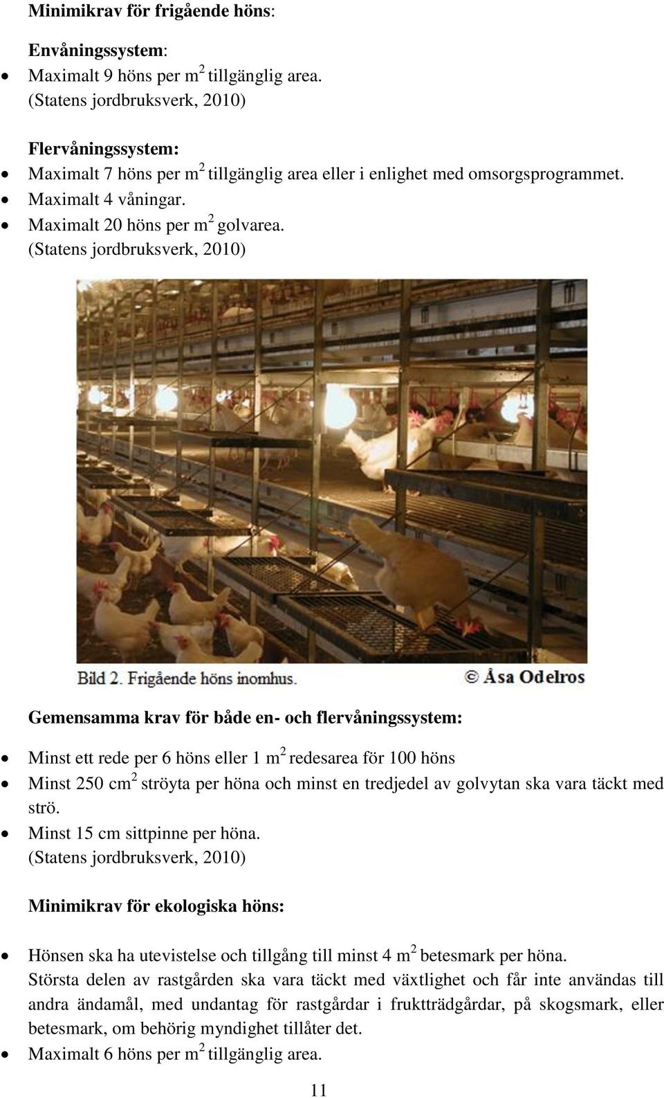 (Statens jordbruksverk, 2010) Gemensamma krav för både en- och flervåningssystem: Minst ett rede per 6 höns eller 1 m 2 redesarea för 100 höns Minst 250 cm 2 ströyta per höna och minst en tredjedel