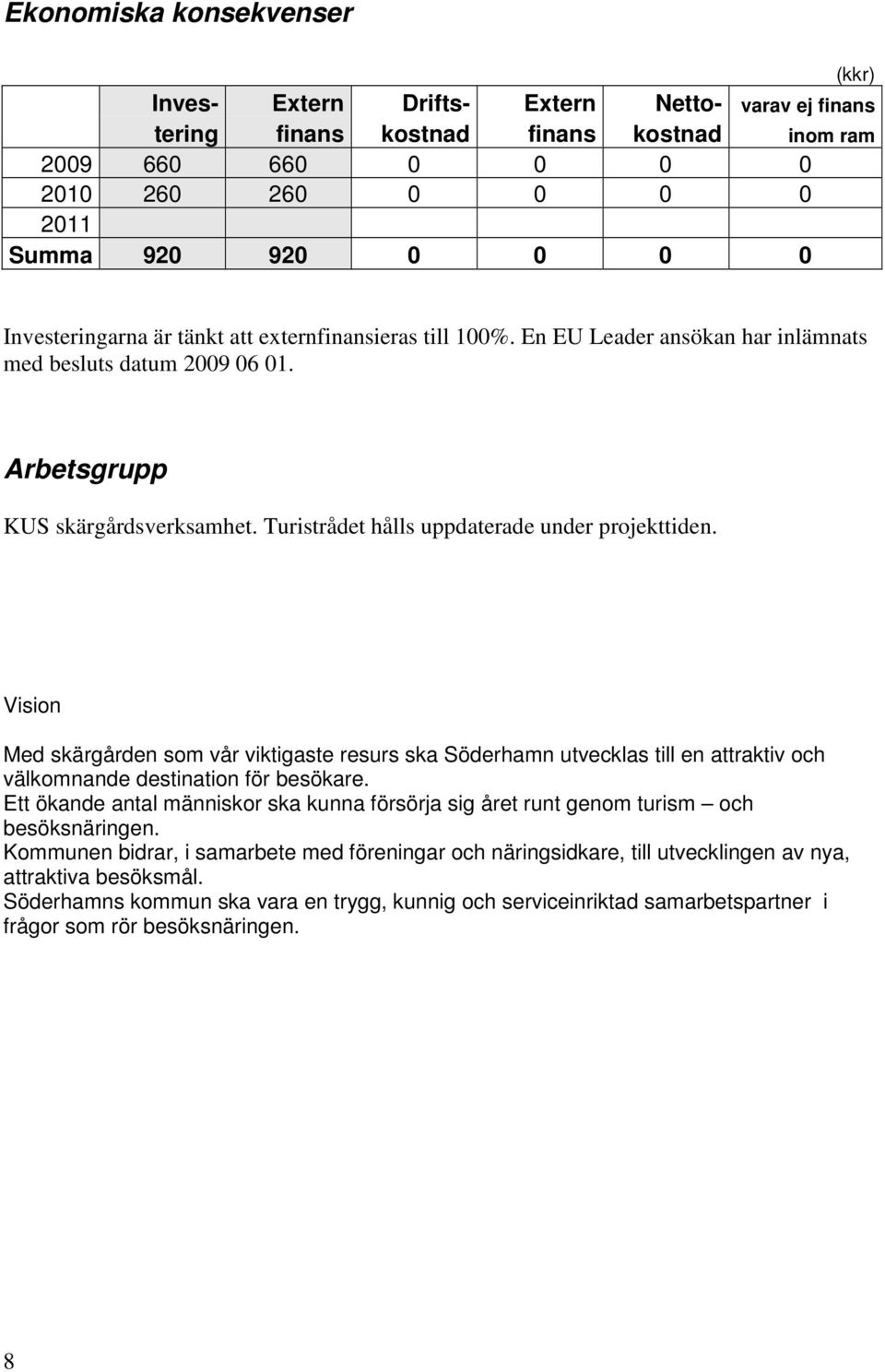 Turistrådet hålls uppdaterade under projekttiden. Vision Med skärgården som vår viktigaste resurs ska Söderhamn utvecklas till en attraktiv och välkomnande destination för besökare.