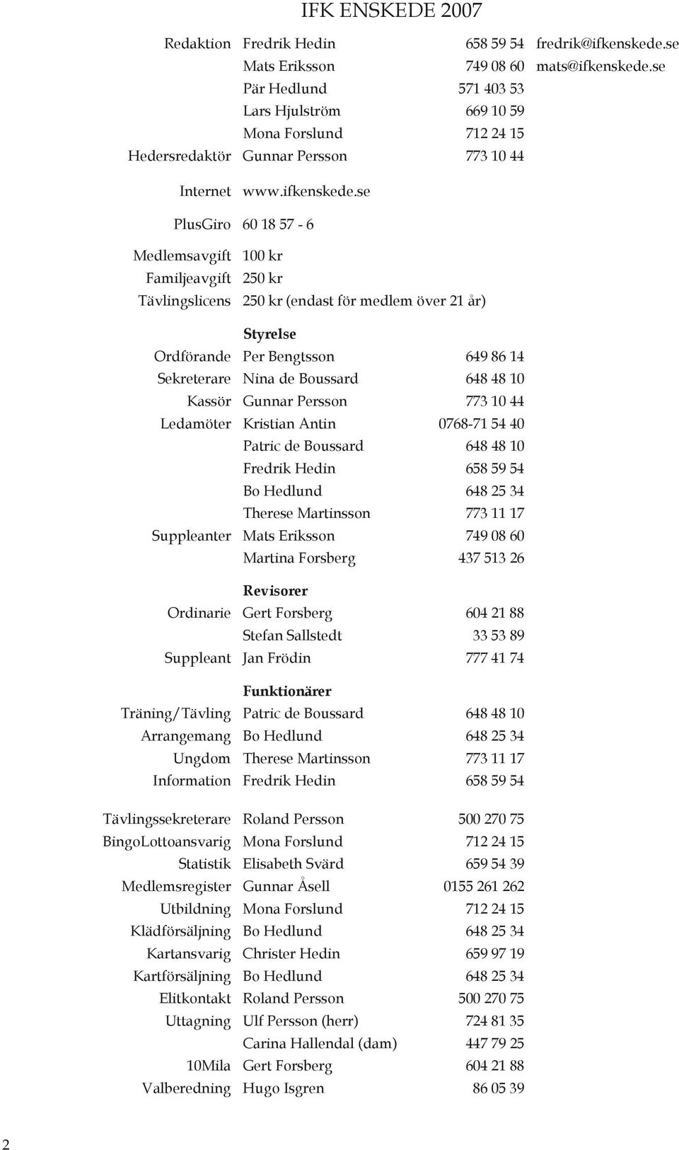se PlusGiro 60 18 57-6 Medlemsavgift Familjeavgift Tävlingslicens 100 kr 250 kr 250 kr (endast för medlem över 21 år) Styrelse Ordförande Per Bengtsson 649 86 14 Sekreterare Nina de Boussard 648 48