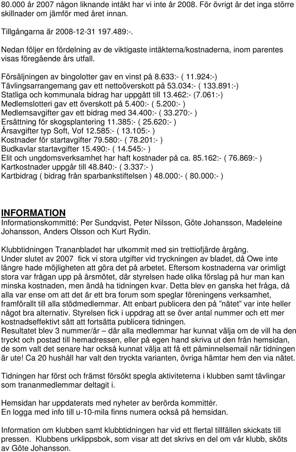 924:-) Tävlingsarrangemang gav ett nettoöverskott på 53.034:- ( 133.891:-) Statliga och kommunala bidrag har uppgått till 13.462:- (7.061:-) Medlemslotteri gav ett överskott på 5.400:- ( 5.