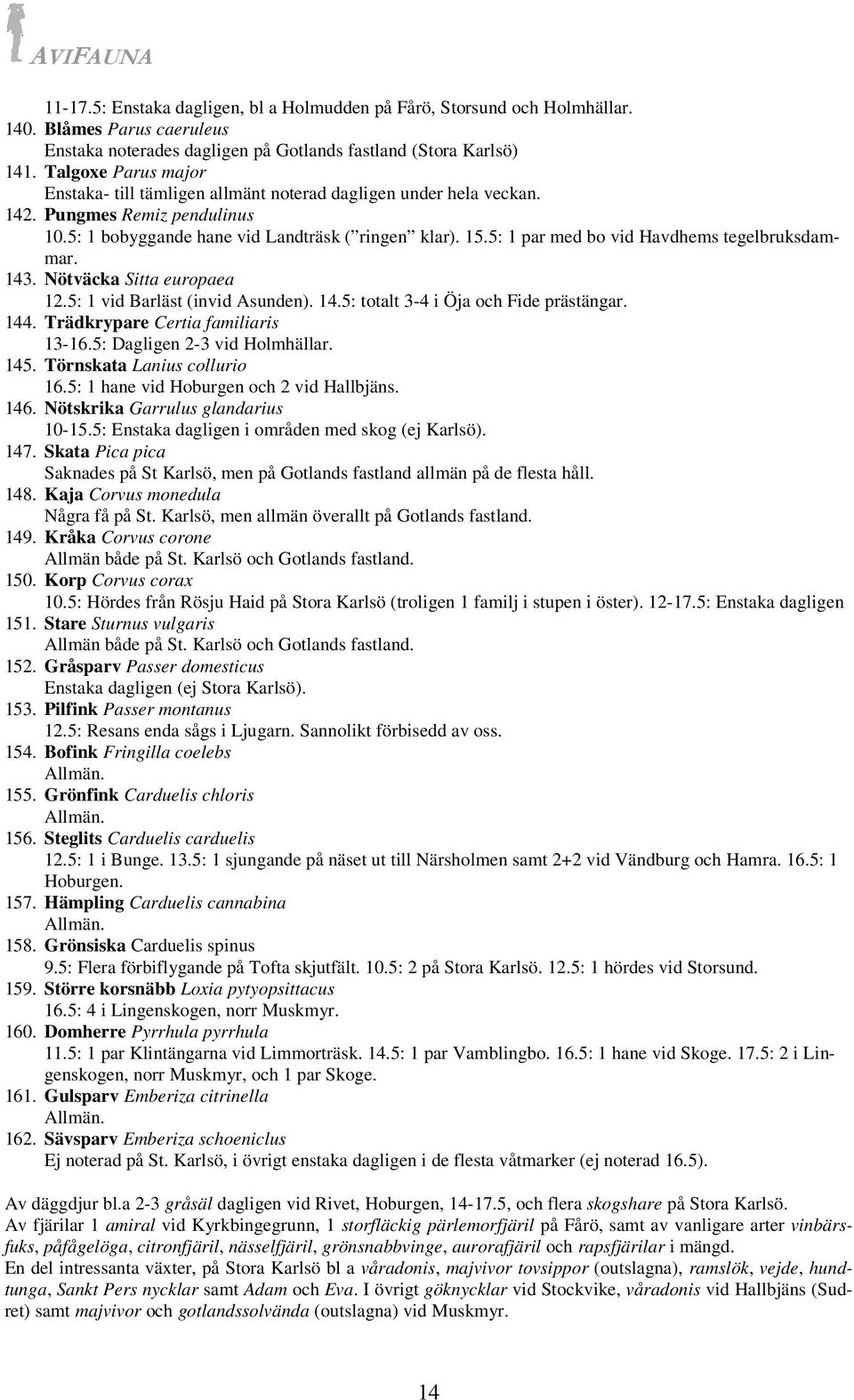 5: 1 par med bo vid Havdhems tegelbruksdammar. 143. Nötväcka Sitta europaea 12.5: 1 vid Barläst (invid Asunden). 14.5: totalt 3-4 i Öja och Fide prästängar. 144. Trädkrypare Certia familiaris 13-16.