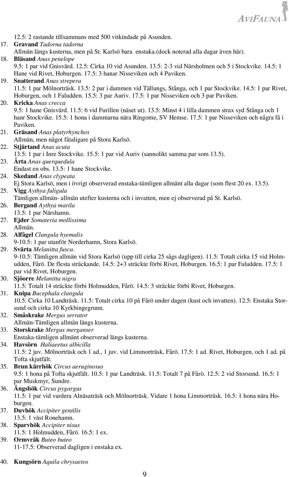 Snatterand Anas strepera 11.5: 1 par Mölnorträsk. 13.5: 2 par i dammen vid Tällungs, Stånga, och 1 par Stockvike. 14.5: 1 par Rivet, Hoburgen, och 1 Faludden. 15.5: 3 par Auriv. 17.