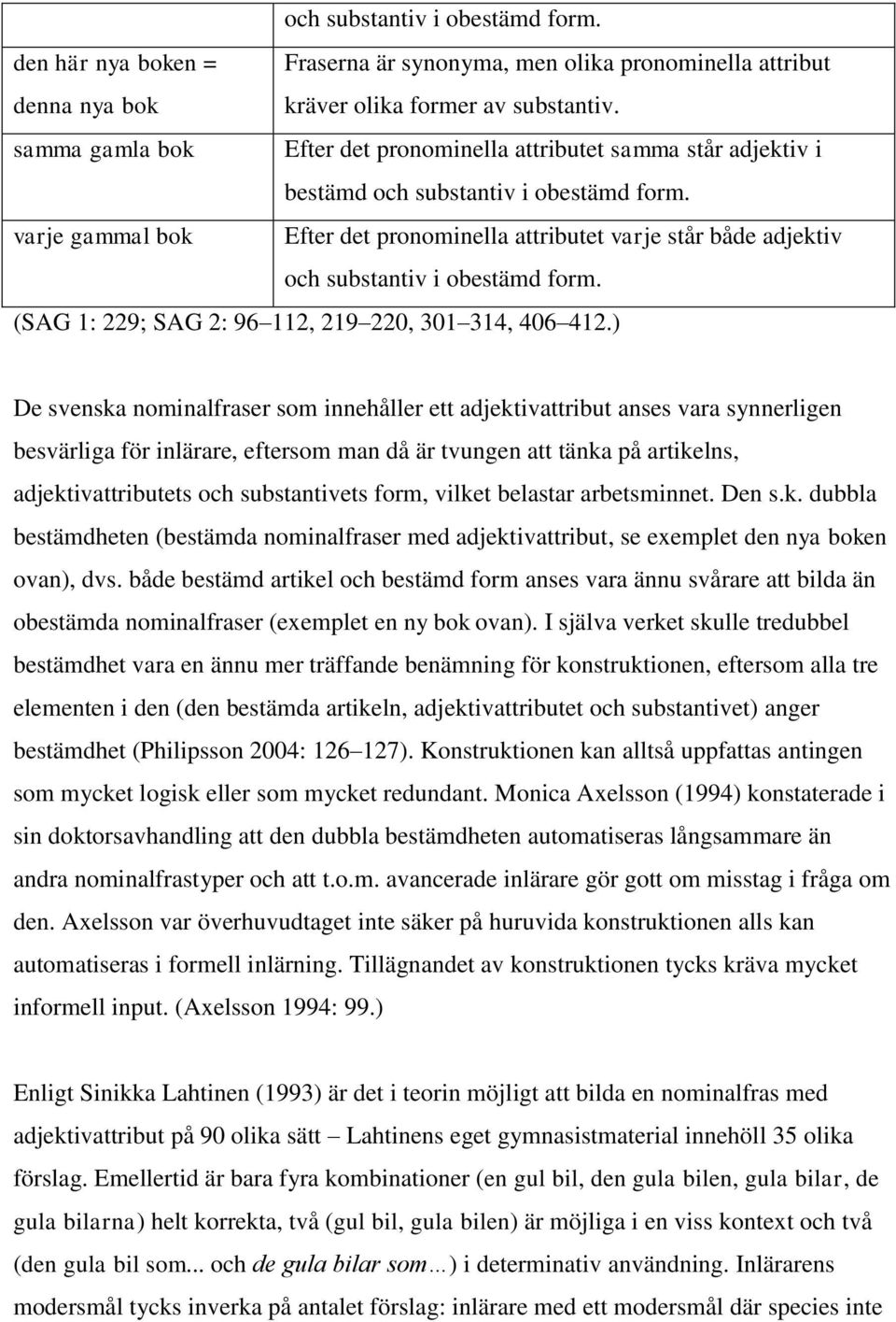 varje gammal bok Efter det pronominella attributet varje står både adjektiv och substantiv i obestämd form. (SAG 1: 229; SAG 2: 96 112, 219 220, 301 314, 406 412.