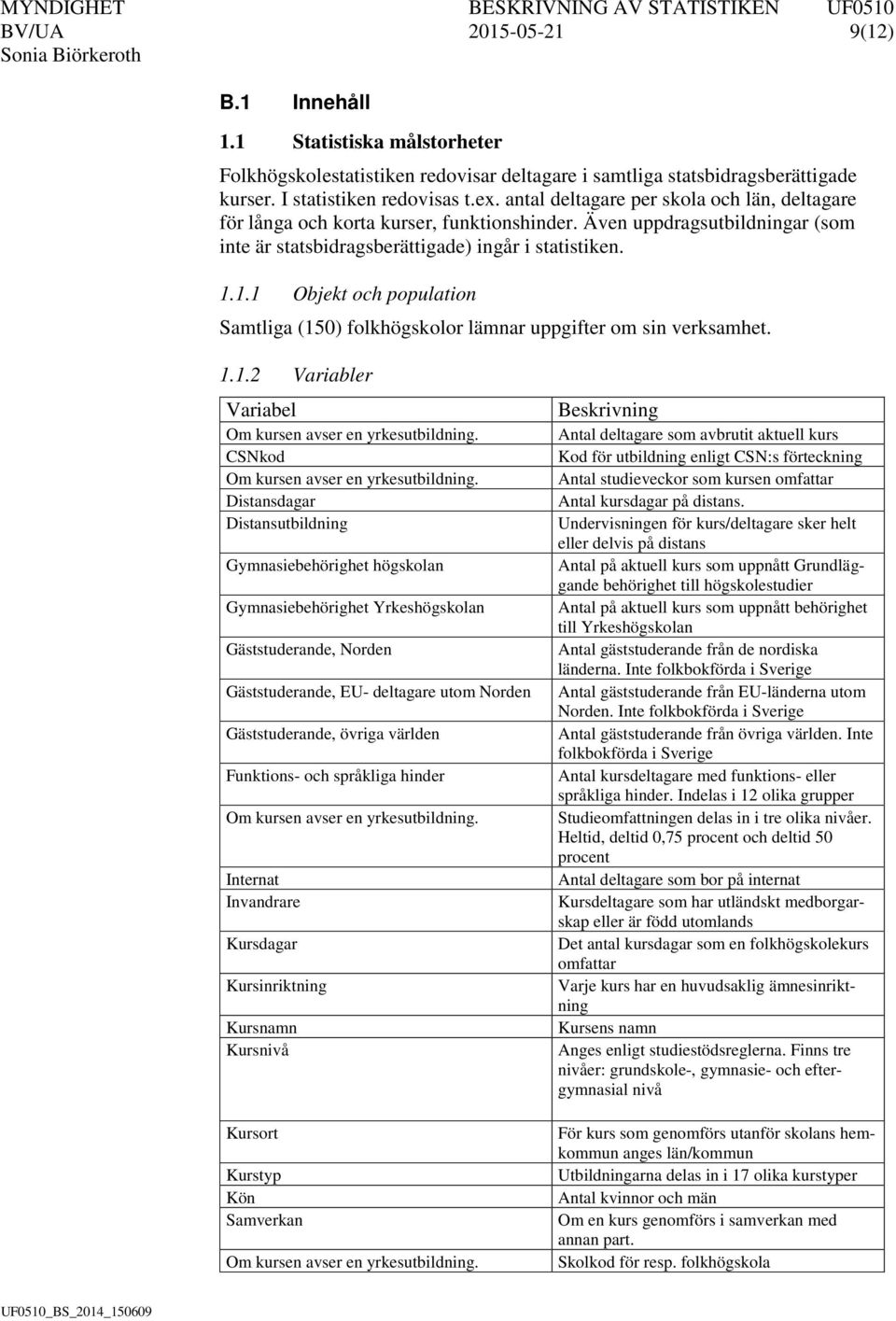 1.1 Objekt och population Samtliga (150) folkhögskolor lämnar uppgifter om sin verksamhet. 1.1.2 Variabler Variabel Om kursen avser en yrkesutbildning. CSNkod Om kursen avser en yrkesutbildning.