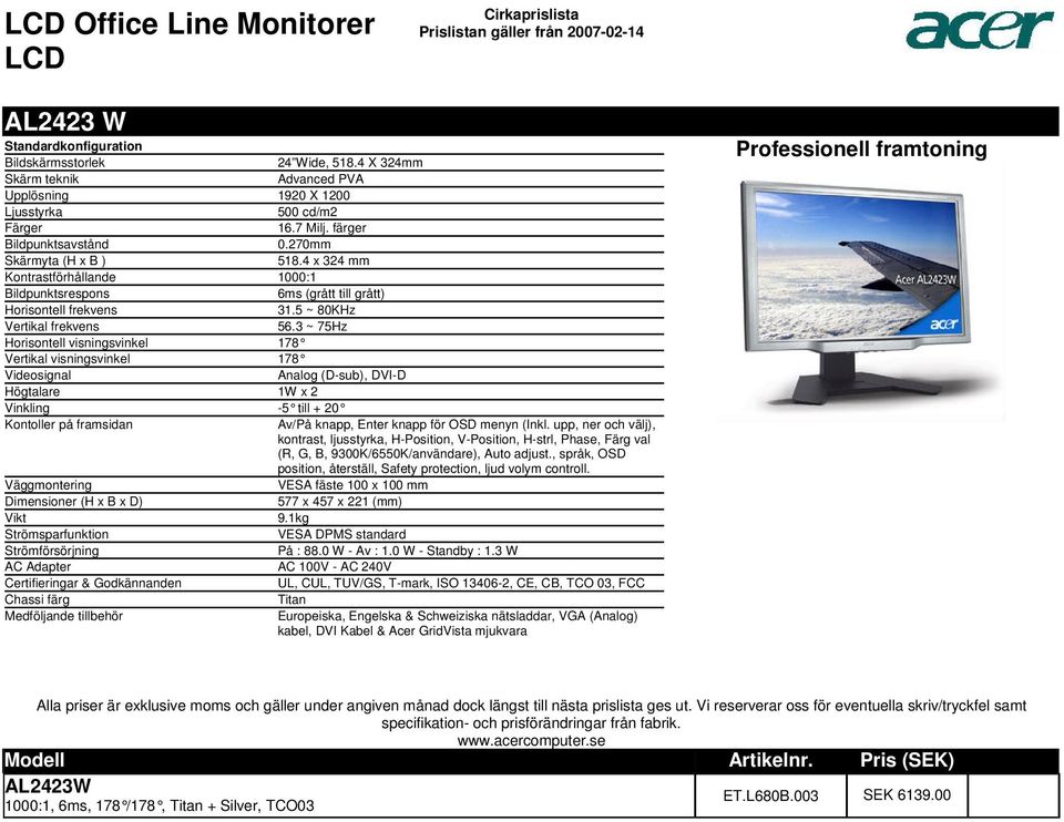 Vertikal visningsvinkel 178 Videosignal Analog (D-sub), DVI-D Högtalare 1W x 2 Vinkling -5 till + 20 Kontoller på framsidan Av/På knapp, Enter knapp för OSD menyn (Inkl upp, ner och välj), kontrast,