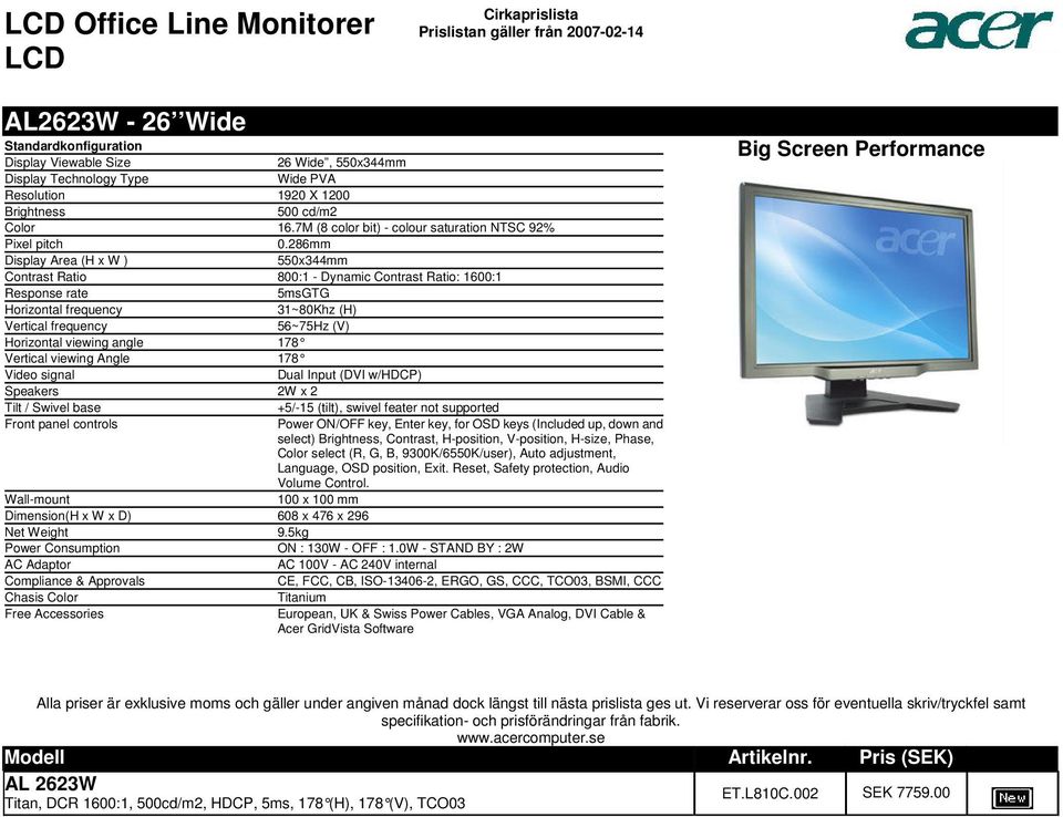 frequency 56~75Hz (V) Horizontal viewing angle 178 Vertical viewing Angle 178 Video signal Dual Input (DVI w/hdcp) Speakers 2W x 2 Tilt / Swivel base +5/-15 (tilt), swivel feater not supported Front