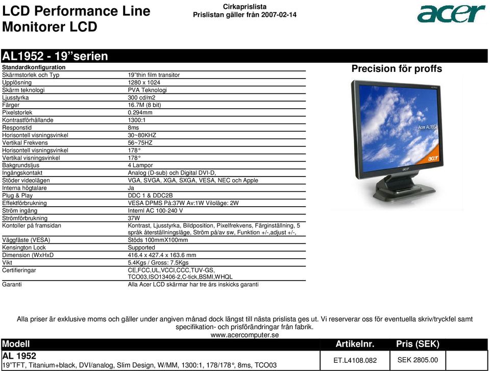 Ingångskontakt Analog (D-sub) och Digital DVI-D, Stöder videolägen VGA, SVGA, XGA, SXGA, VESA, NEC och Apple Interna högtalare Ja DDC 1 & DDC2B Effektförbrukning VESA DPMS På:37W Av:1W Viloläge: 2W