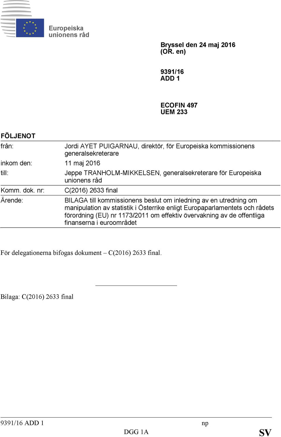 C(2016) 2633 final BILAGA till kommissionens beslut om inledning av en utredning om manipulation av statistik i Österrike enligt Europaparlamentets och rådets