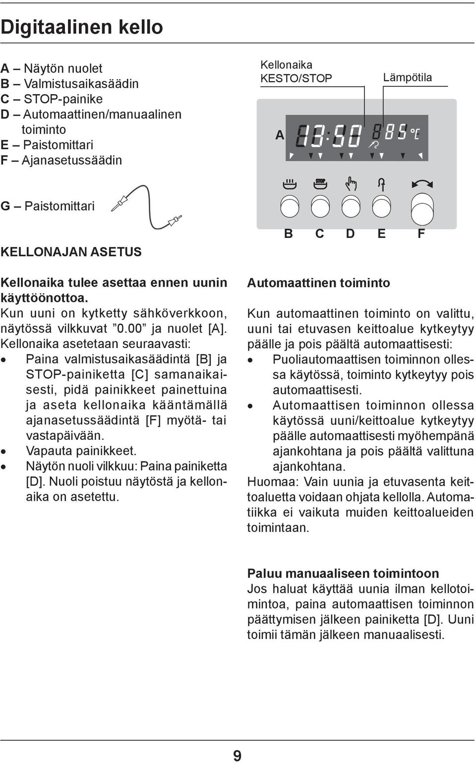 Kellonaika asetetaan seuraavasti: Paina valmistusaikasäädintä [B] ja STOP-painiketta [C] samanaikaisesti, pidä painikkeet painettuina ja aseta kellonaika kääntämällä ajanasetussäädintä [F] myötä- tai