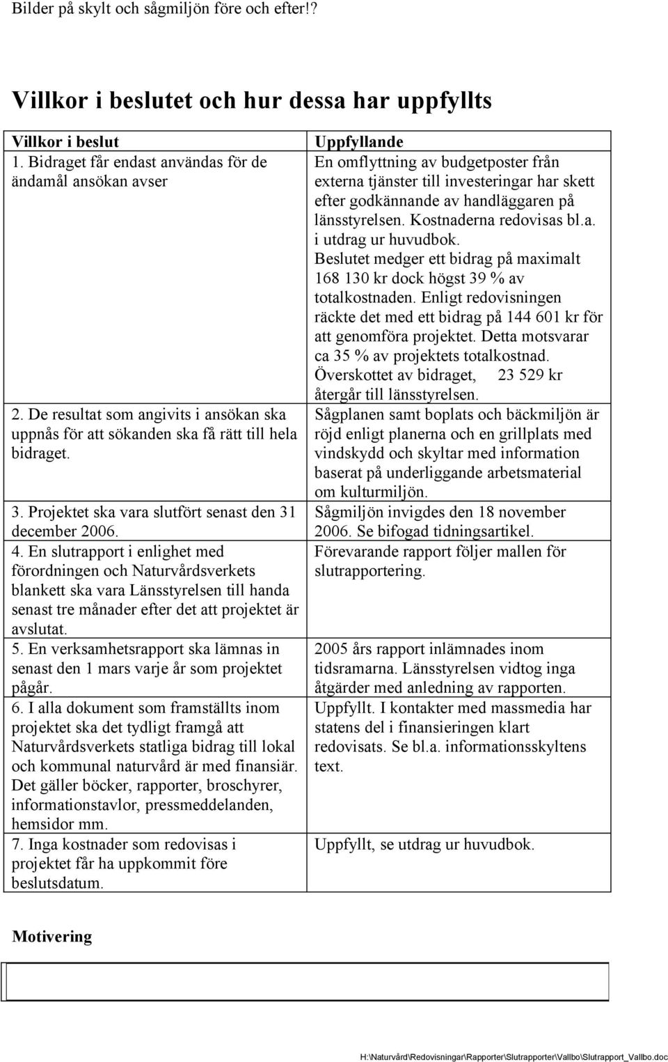 En slutrapport i enlighet med förordningen och Naturvårdsverkets blankett ska vara Länsstyrelsen till handa senast tre månader efter det att projektet är avslutat. 5.