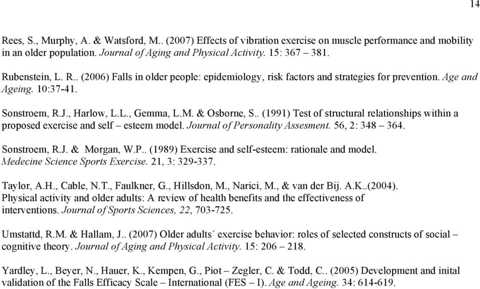 . (1991) Test of structural relationships within a proposed exercise and self esteem model. Journal of Personality Assesment. 56, 2: 348 364. Sonstroem, R.J. & Morgan, W.P.. (1989) Exercise and self-esteem: rationale and model.
