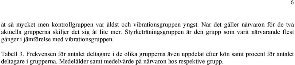 Styrketräningsgruppen är den grupp som varit närvarande flest gånger i jämförelse med vibrationsgruppen. Tabell 3.