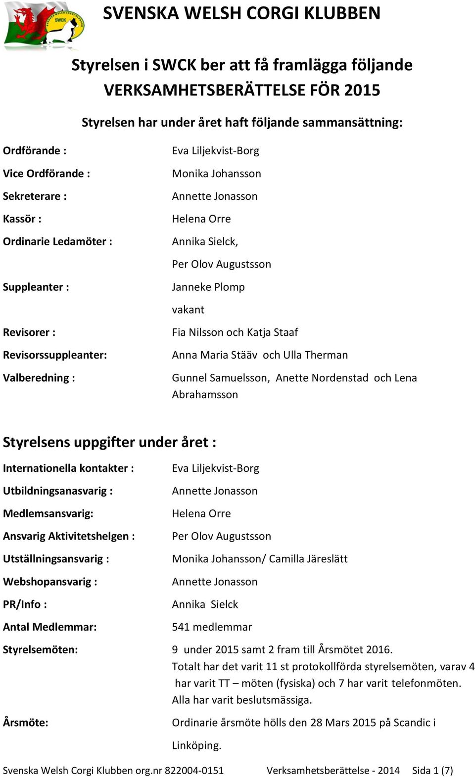 Maria Stääv och Ulla Therman Gunnel Samuelsson, Anette Nordenstad och Lena Abrahamsson Styrelsens uppgifter under året : Internationella kontakter : Utbildningsanasvarig : Medlemsansvarig: Ansvarig