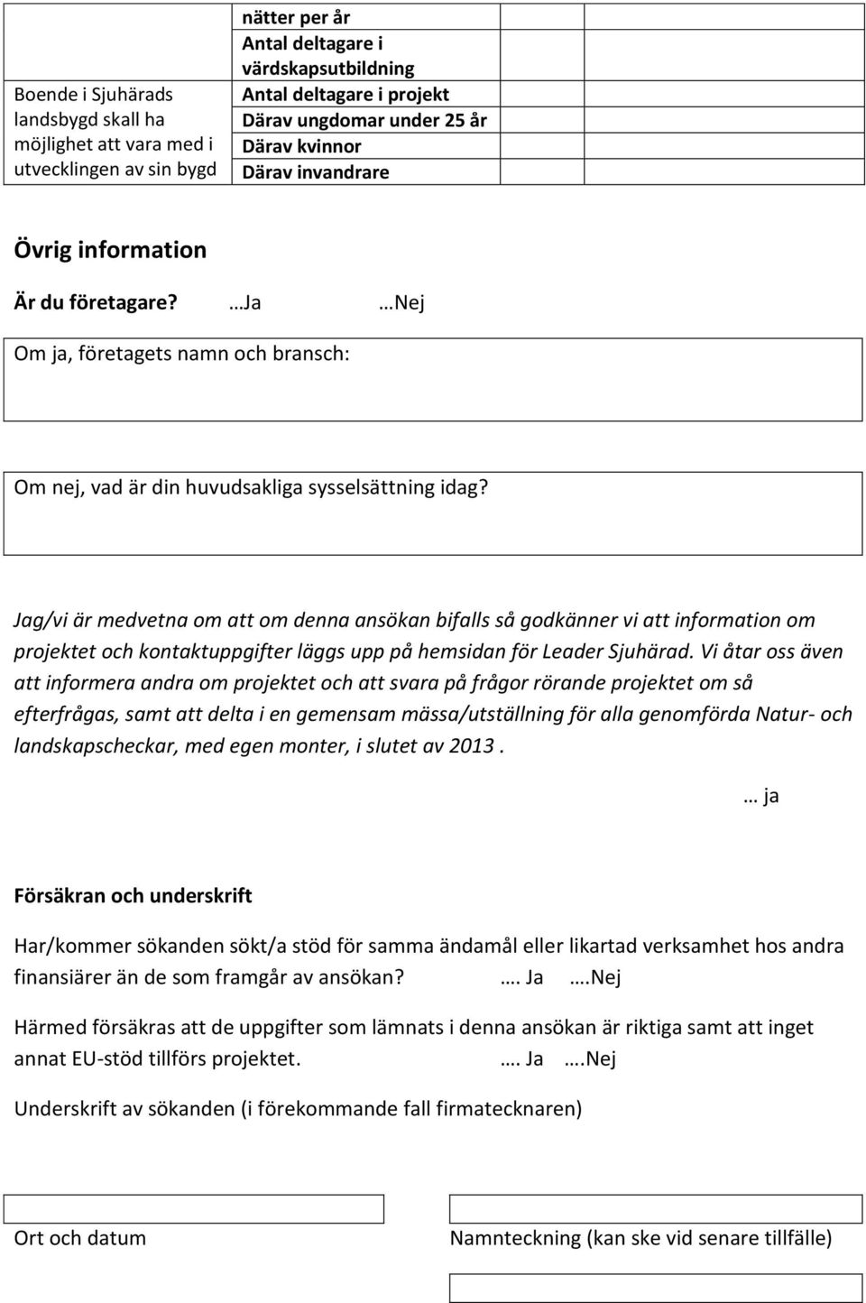 Jag/vi är medvetna om att om denna ansökan bifalls så godkänner vi att information om projektet och kontaktuppgifter läggs upp på hemsidan för Leader Sjuhärad.