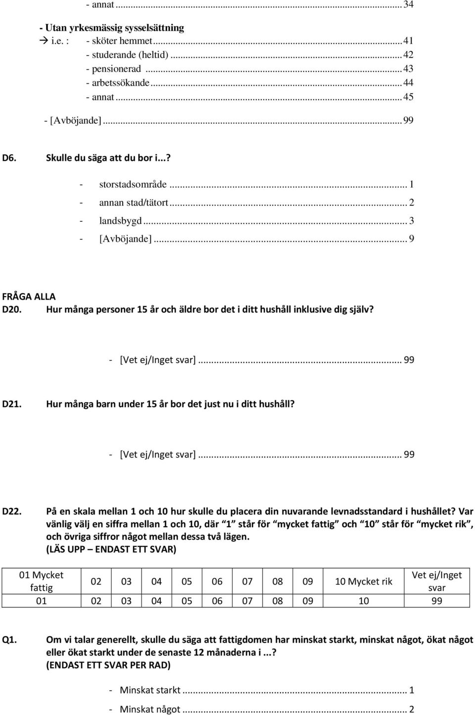 Hur många personer 15 år och äldre bor det i ditt hushåll inklusive dig själv? [Vet ej/inget svar]... 99 D21. Hur många barn under 15 år bor det just nu i ditt hushåll? [Vet ej/inget svar]... 99 D22.